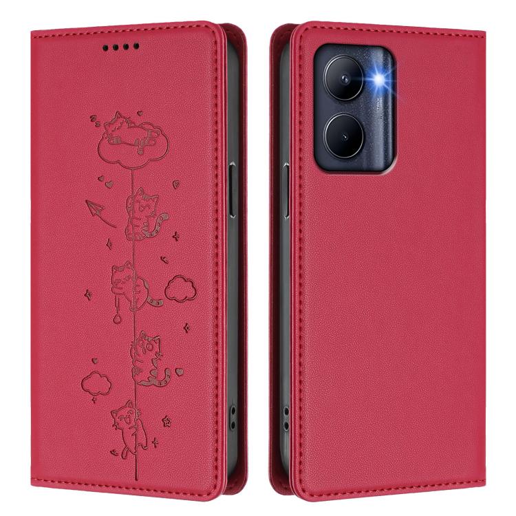 For Realme C33 2023 Global Cute Cats Embossed Magnetic RFID Vegan Leather Phone Case