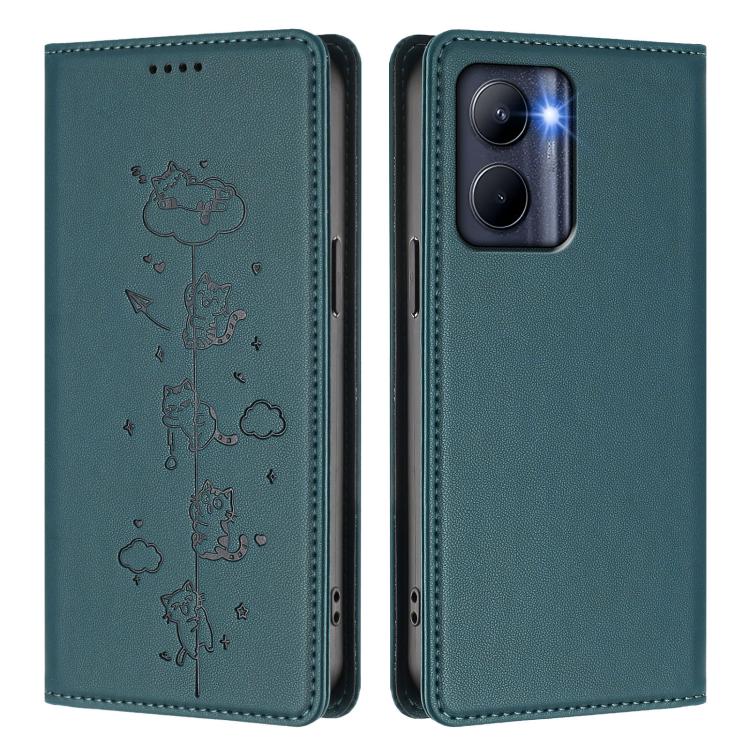 For Realme C33 2023 Global Cute Cats Embossed Magnetic RFID Vegan Leather Phone Case