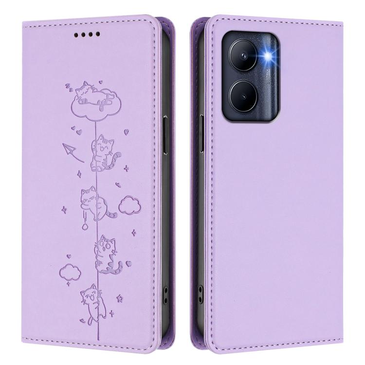 For Realme C33 2023 Global Cute Cats Embossed Magnetic RFID Vegan Leather Phone Case