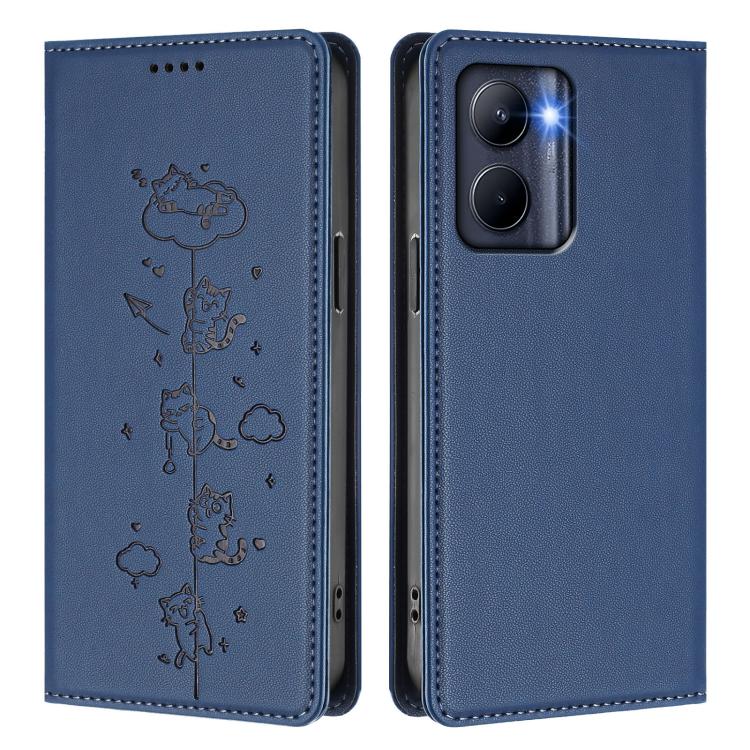 For Realme C33 2023 Global Cute Cats Embossed Magnetic RFID Vegan Leather Phone Case