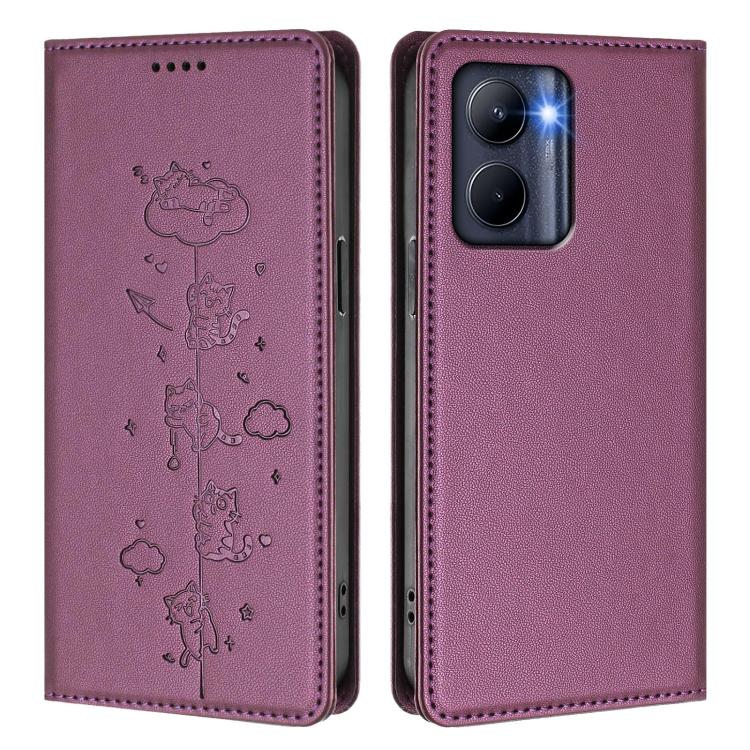 For Realme C33 2023 Global Cute Cats Embossed Magnetic RFID Vegan Leather Phone Case