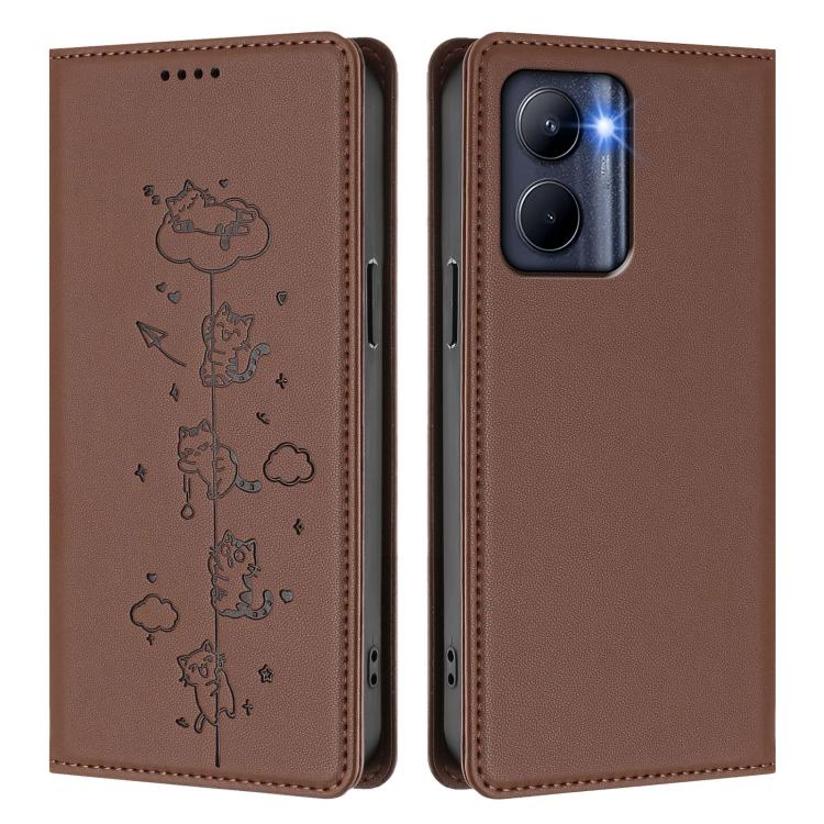 For Realme C33 2023 Global Cute Cats Embossed Magnetic RFID Vegan Leather Phone Case