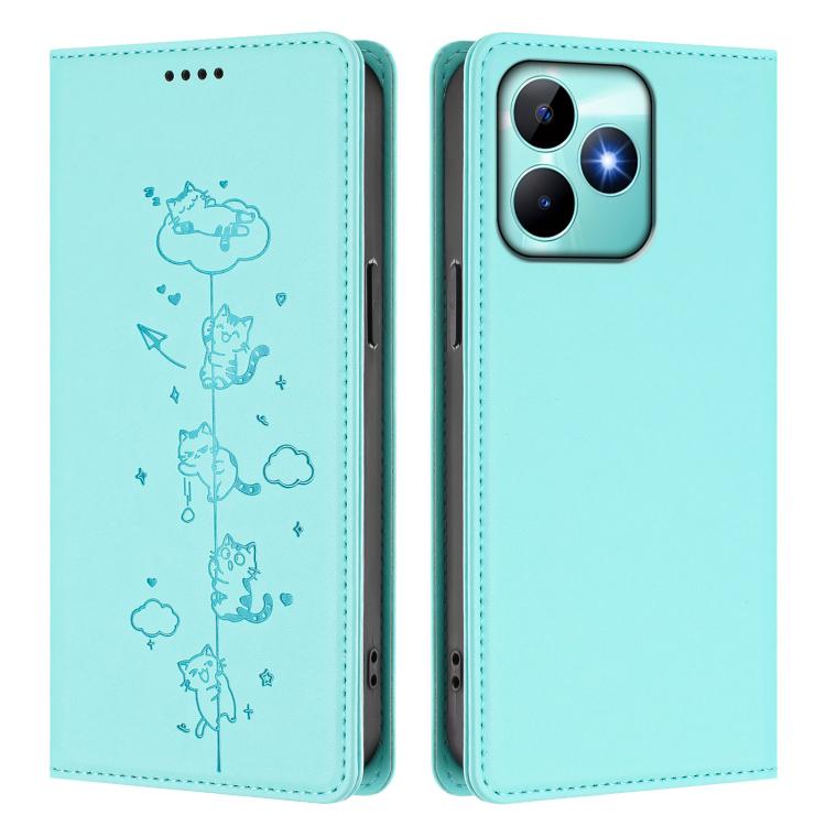 For Realme C53 / C51 4G Global Cute Cats Embossed Magnetic RFID Vegan Leather Phone Case