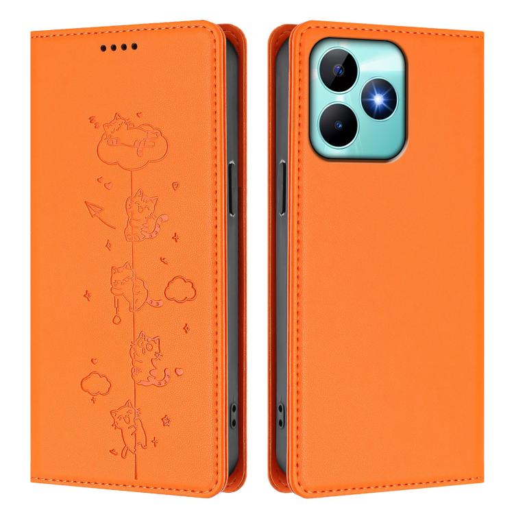 For Realme C53 / C51 4G Global Cute Cats Embossed Magnetic RFID Vegan Leather Phone Case