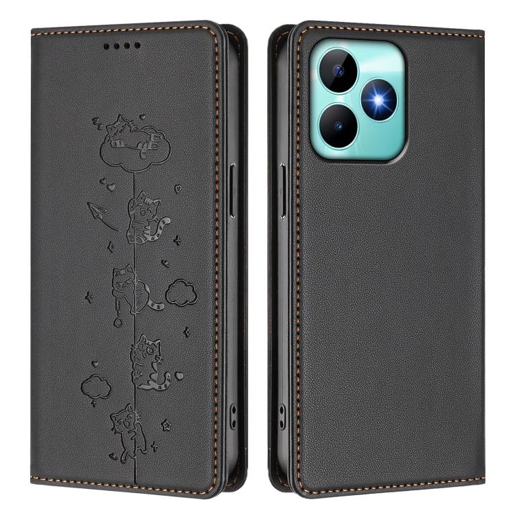 For Realme C53 / C51 4G Global Cute Cats Embossed Magnetic RFID Vegan Leather Phone Case