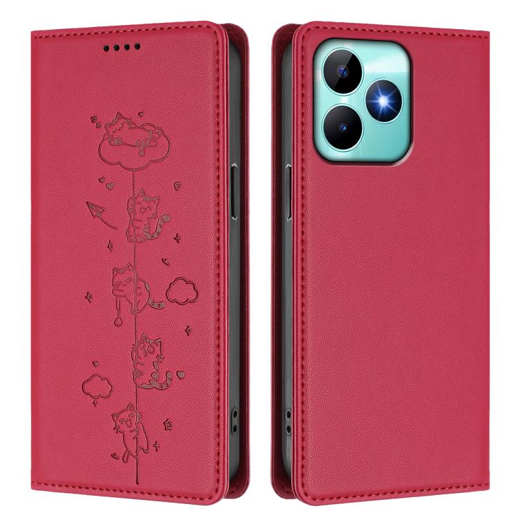 For Realme C53 / C51 4G Global Cute Cats Embossed Magnetic RFID Vegan Leather Phone Case