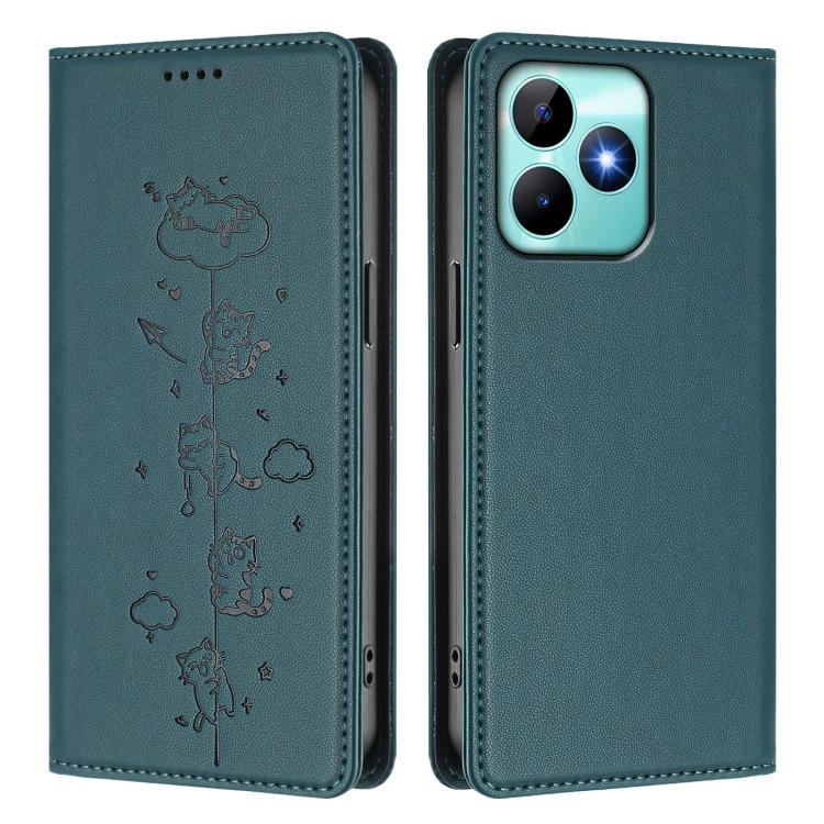For Realme C53 / C51 4G Global Cute Cats Embossed Magnetic RFID Vegan Leather Phone Case