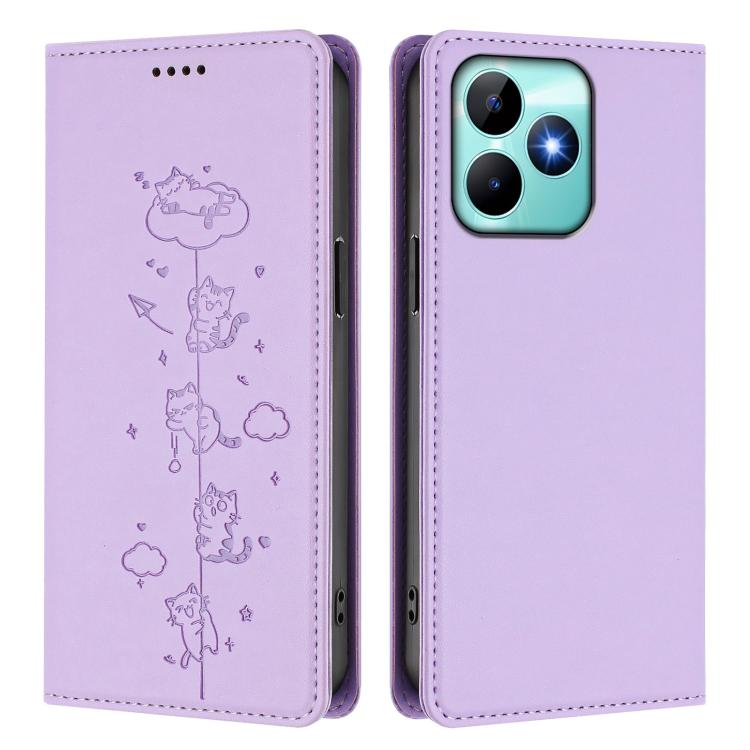 For Realme C53 / C51 4G Global Cute Cats Embossed Magnetic RFID Vegan Leather Phone Case