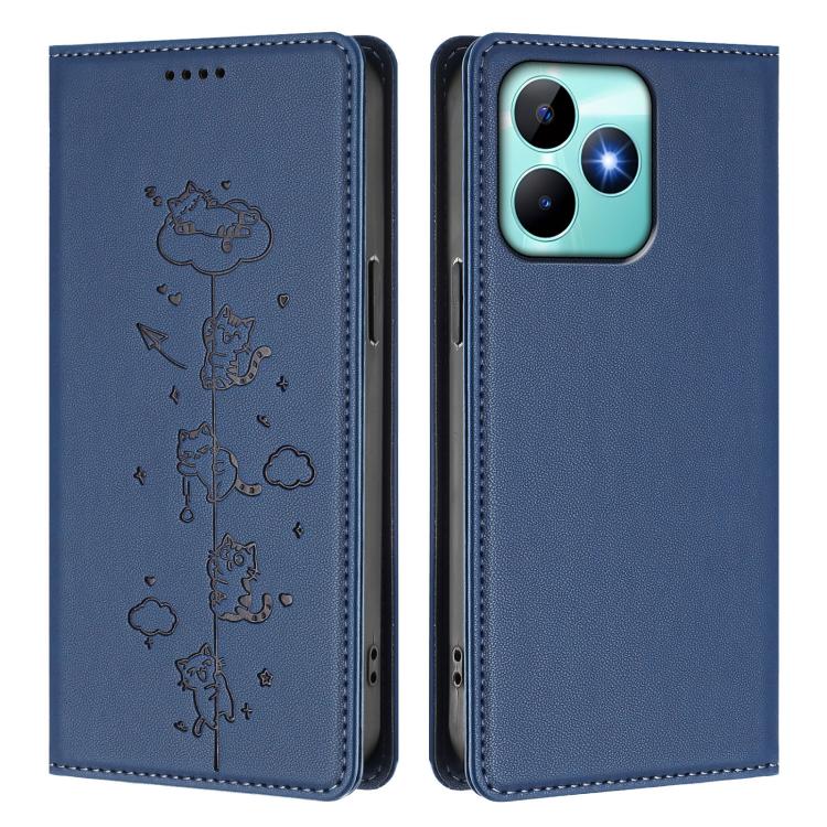 For Realme C53 / C51 4G Global Cute Cats Embossed Magnetic RFID Vegan Leather Phone Case
