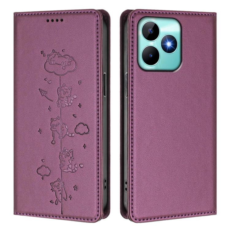 For Realme C53 / C51 4G Global Cute Cats Embossed Magnetic RFID Vegan Leather Phone Case