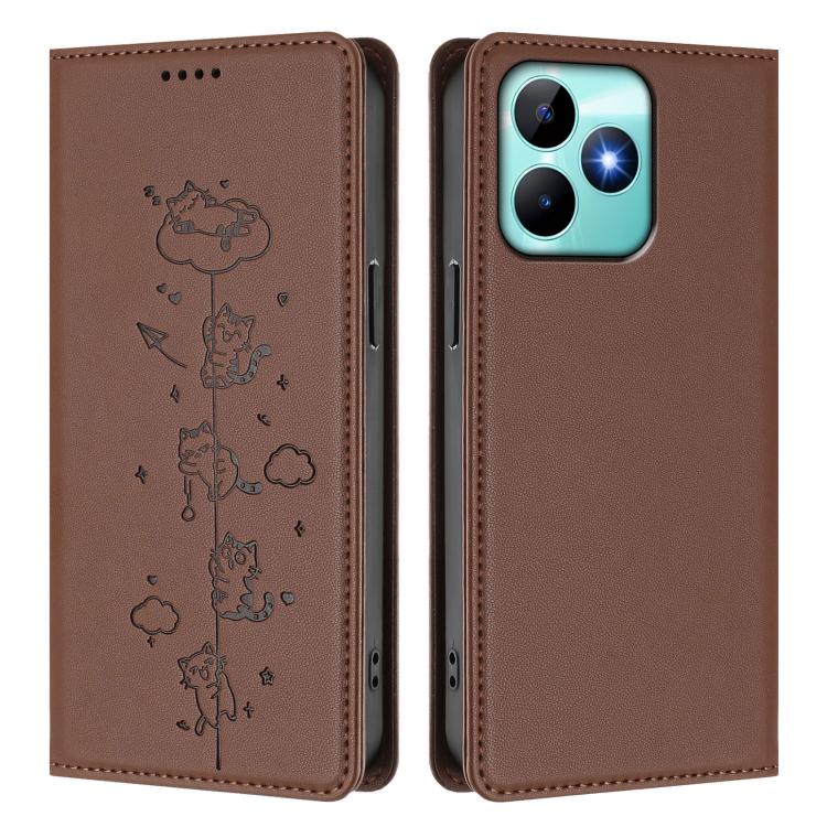 For Realme C53 / C51 4G Global Cute Cats Embossed Magnetic RFID Vegan Leather Phone Case