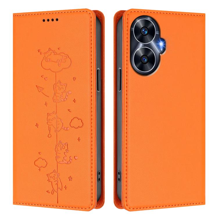 For Realme C55 4G Global / Narzo N55 Cute Cats Embossed Magnetic RFID Vegan Leather Phone Case