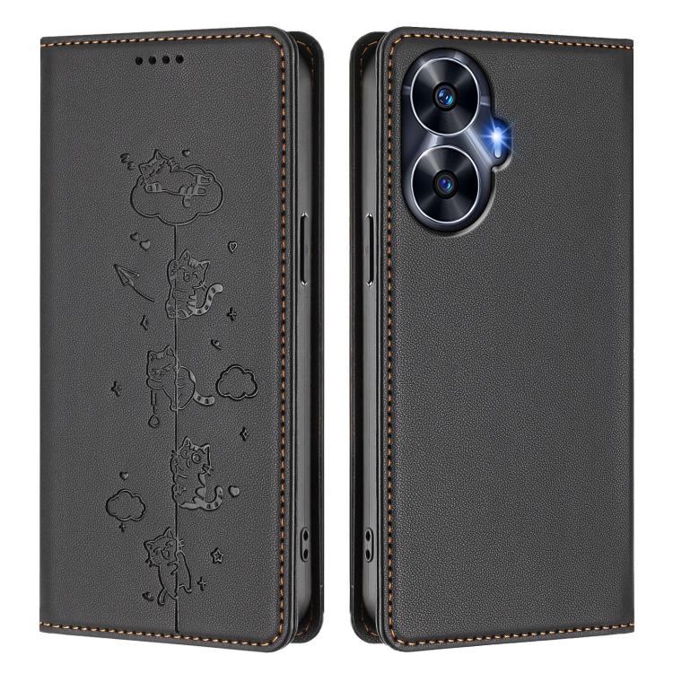 For Realme C55 4G Global / Narzo N55 Cute Cats Embossed Magnetic RFID Vegan Leather Phone Case