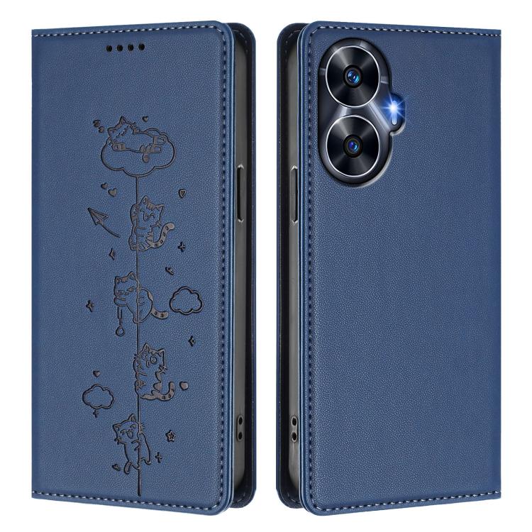 For Realme C55 4G Global / Narzo N55 Cute Cats Embossed Magnetic RFID Vegan Leather Phone Case