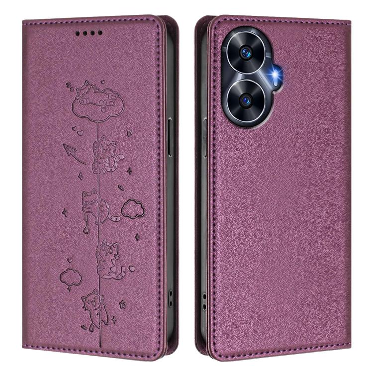For Realme C55 4G Global / Narzo N55 Cute Cats Embossed Magnetic RFID Vegan Leather Phone Case
