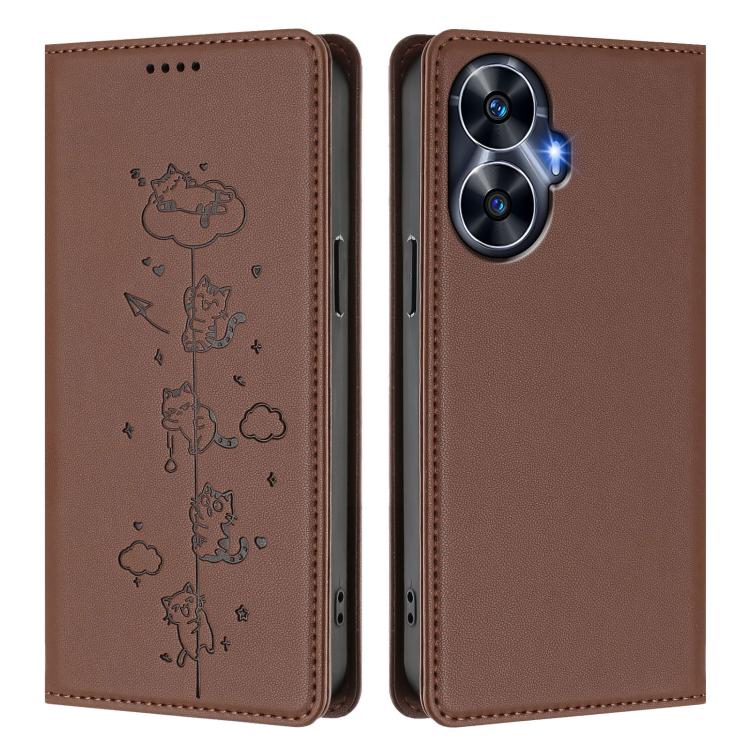 For Realme C55 4G Global / Narzo N55 Cute Cats Embossed Magnetic RFID Vegan Leather Phone Case