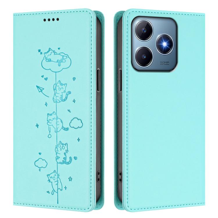 For Realme C63 / C61 4G Global Cute Cats Embossed Magnetic RFID Vegan Leather Phone Case