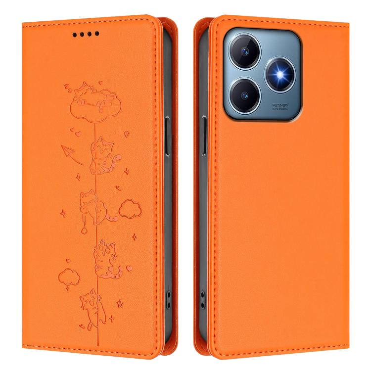 For Realme C63 / C61 4G Global Cute Cats Embossed Magnetic RFID Vegan Leather Phone Case