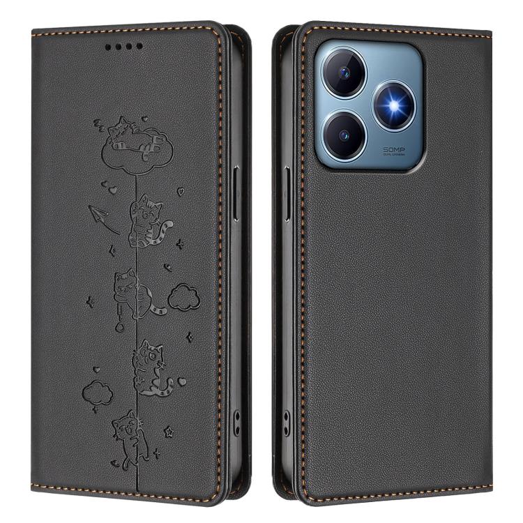 For Realme C63 / C61 4G Global Cute Cats Embossed Magnetic RFID Vegan Leather Phone Case
