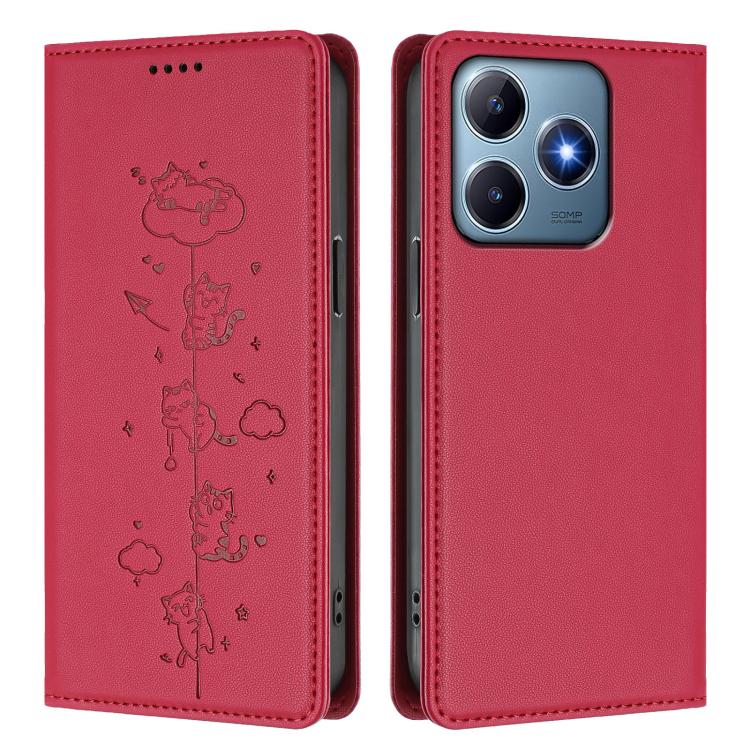 For Realme C63 / C61 4G Global Cute Cats Embossed Magnetic RFID Vegan Leather Phone Case