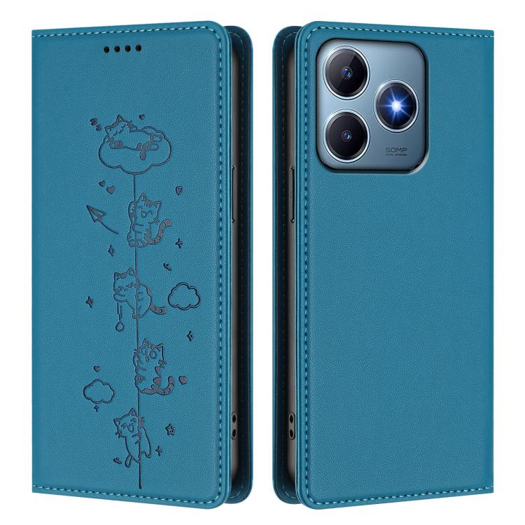 For Realme C63 / C61 4G Global Cute Cats Embossed Magnetic RFID Vegan Leather Phone Case