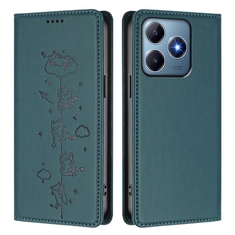 For Realme C63 / C61 4G Global Cute Cats Embossed Magnetic RFID Vegan Leather Phone Case