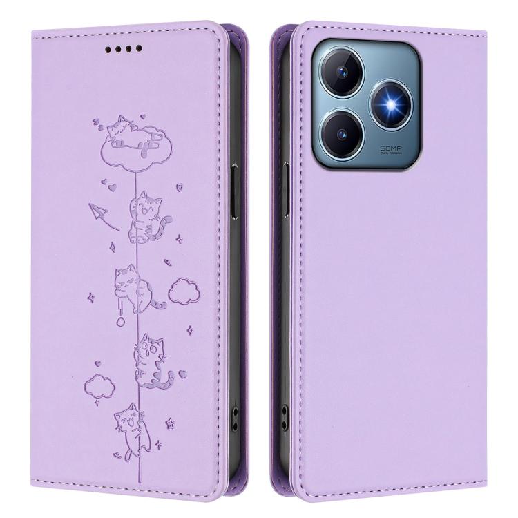 For Realme C63 / C61 4G Global Cute Cats Embossed Magnetic RFID Vegan Leather Phone Case