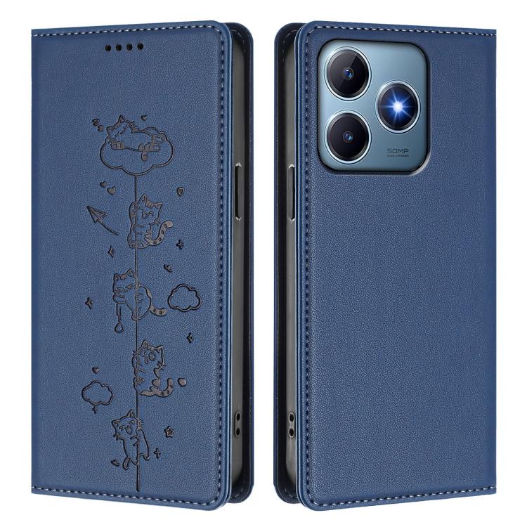 For Realme C63 / C61 4G Global Cute Cats Embossed Magnetic RFID Vegan Leather Phone Case