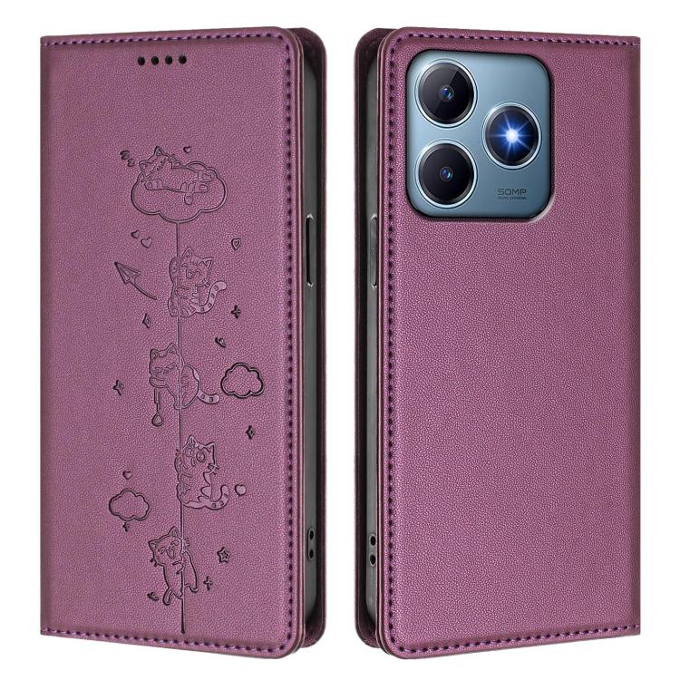 For Realme C63 / C61 4G Global Cute Cats Embossed Magnetic RFID Vegan Leather Phone Case