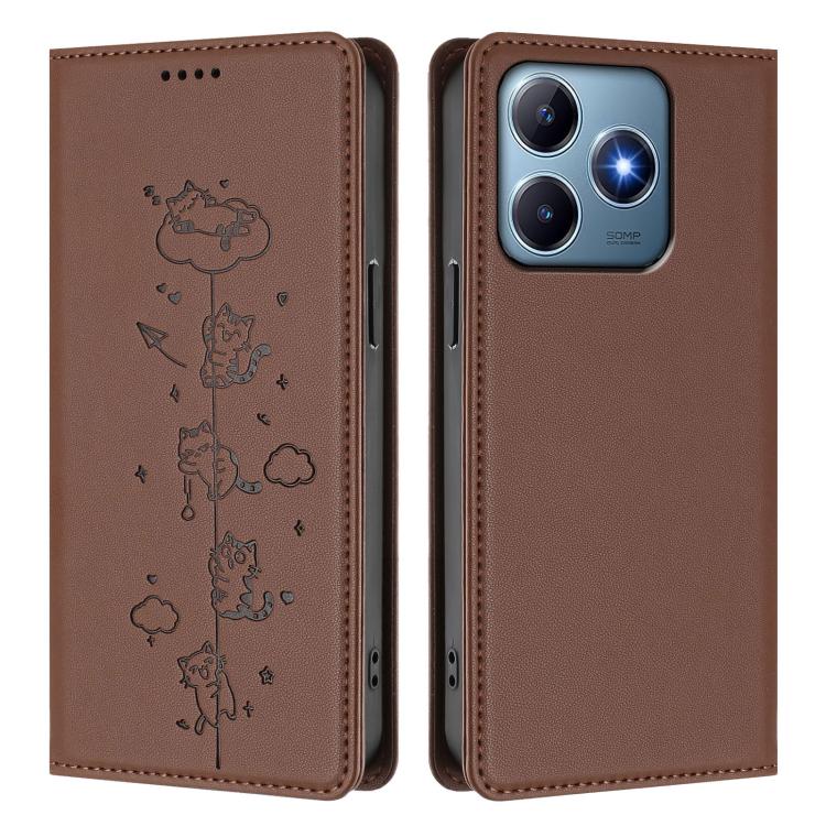 For Realme C63 / C61 4G Global Cute Cats Embossed Magnetic RFID Vegan Leather Phone Case