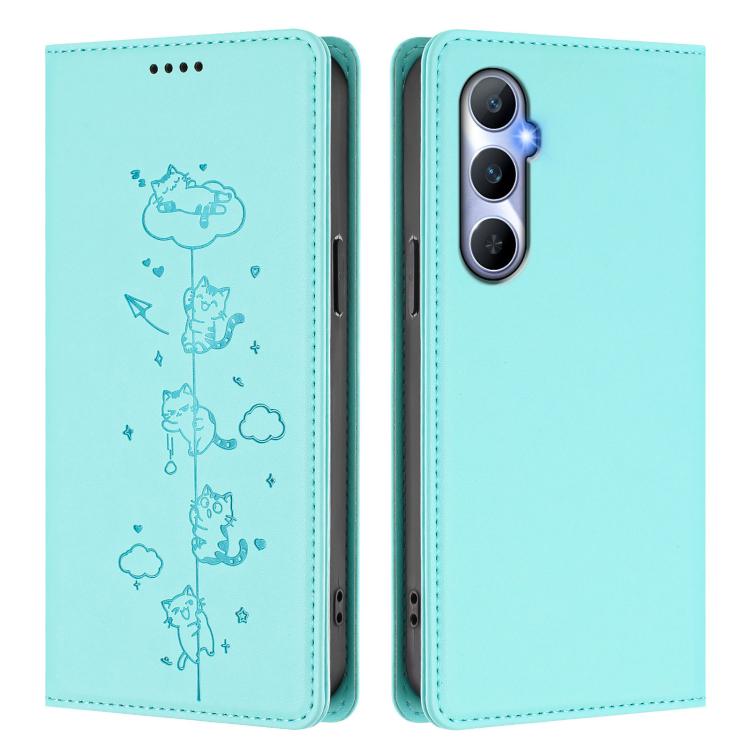 For Realme C65 4G Global Cute Cats Embossed Magnetic RFID Vegan Leather Phone Case
