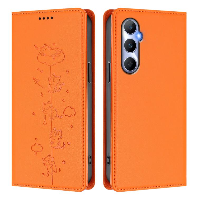 For Realme C65 4G Global Cute Cats Embossed Magnetic RFID Vegan Leather Phone Case