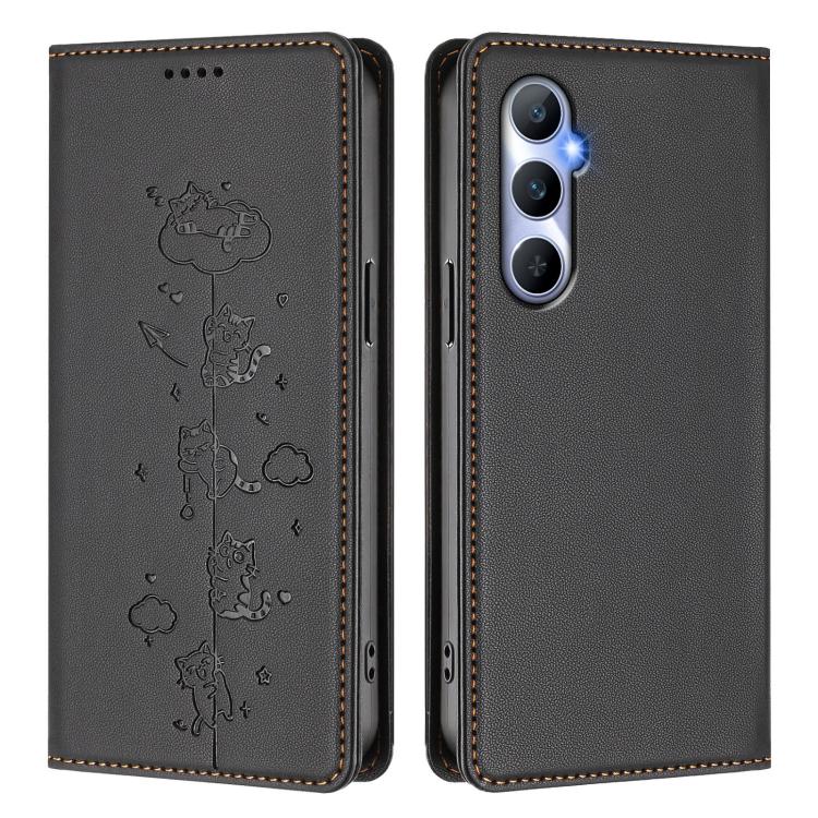 For Realme C65 4G Global Cute Cats Embossed Magnetic RFID Vegan Leather Phone Case