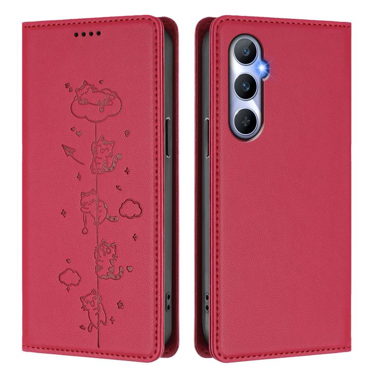 For Realme C65 4G Global Cute Cats Embossed Magnetic RFID Vegan Leather Phone Case