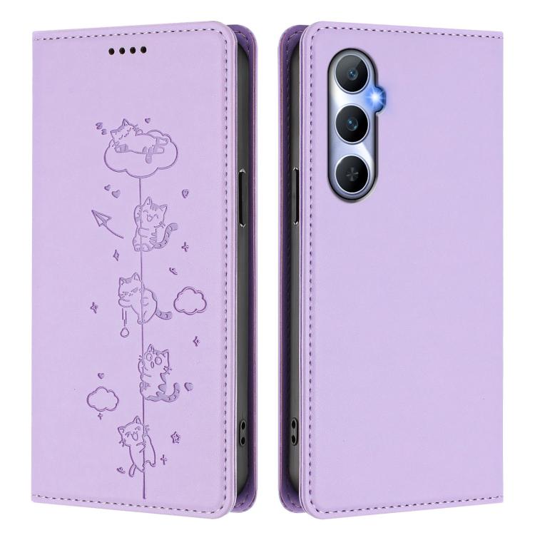 For Realme C65 4G Global Cute Cats Embossed Magnetic RFID Vegan Leather Phone Case