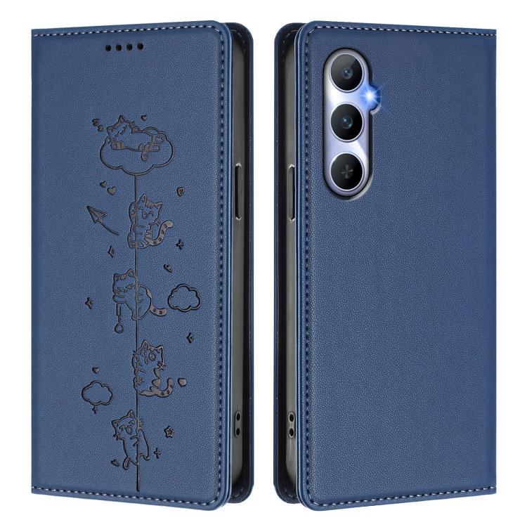 For Realme C65 4G Global Cute Cats Embossed Magnetic RFID Vegan Leather Phone Case