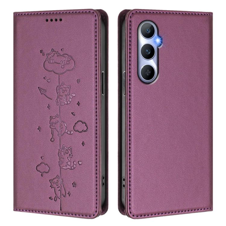 For Realme C65 4G Global Cute Cats Embossed Magnetic RFID Vegan Leather Phone Case