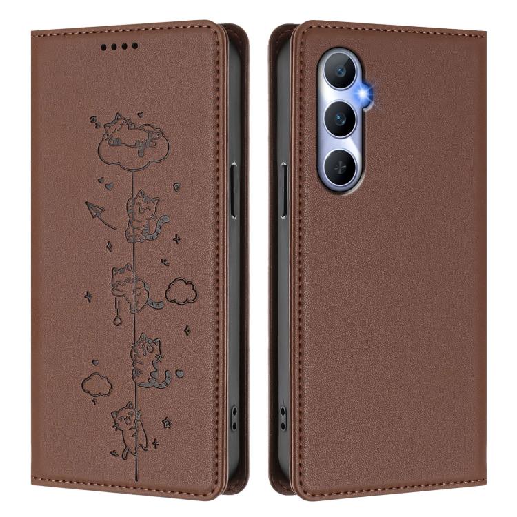For Realme C65 4G Global Cute Cats Embossed Magnetic RFID Vegan Leather Phone Case