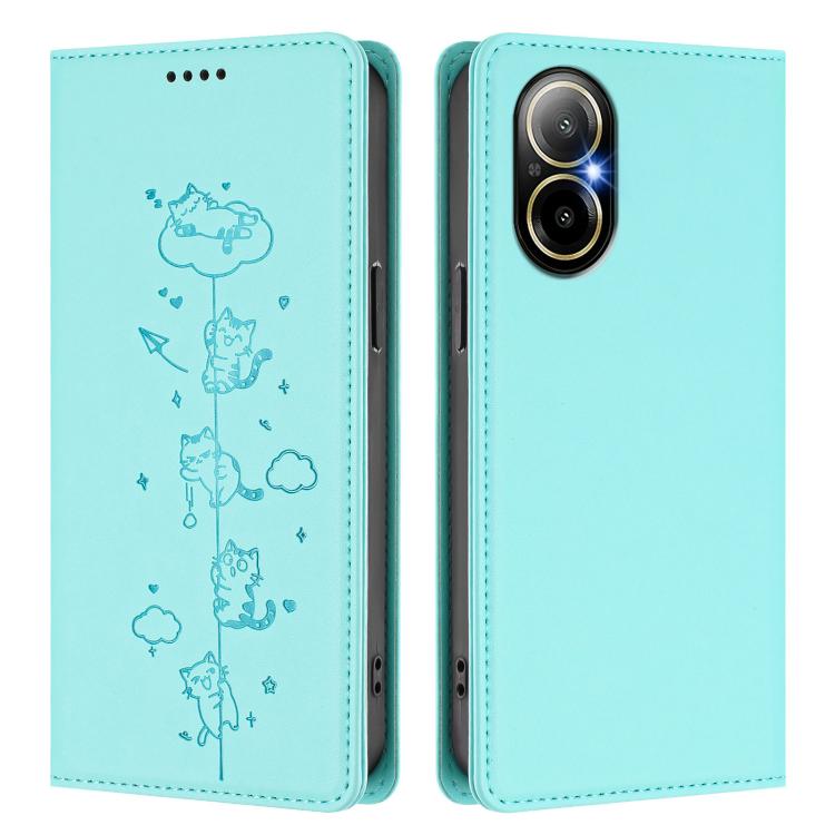 For Realme C67 / 12 Lite 4G Global Cute Cats Embossed Magnetic RFID Vegan Leather Phone Case