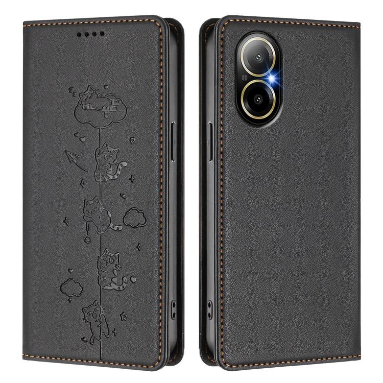 For Realme C67 / 12 Lite 4G Global Cute Cats Embossed Magnetic RFID Vegan Leather Phone Case