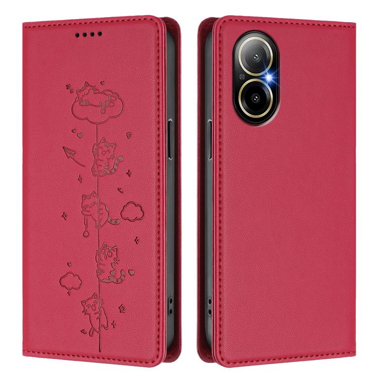 For Realme C67 / 12 Lite 4G Global Cute Cats Embossed Magnetic RFID Vegan Leather Phone Case