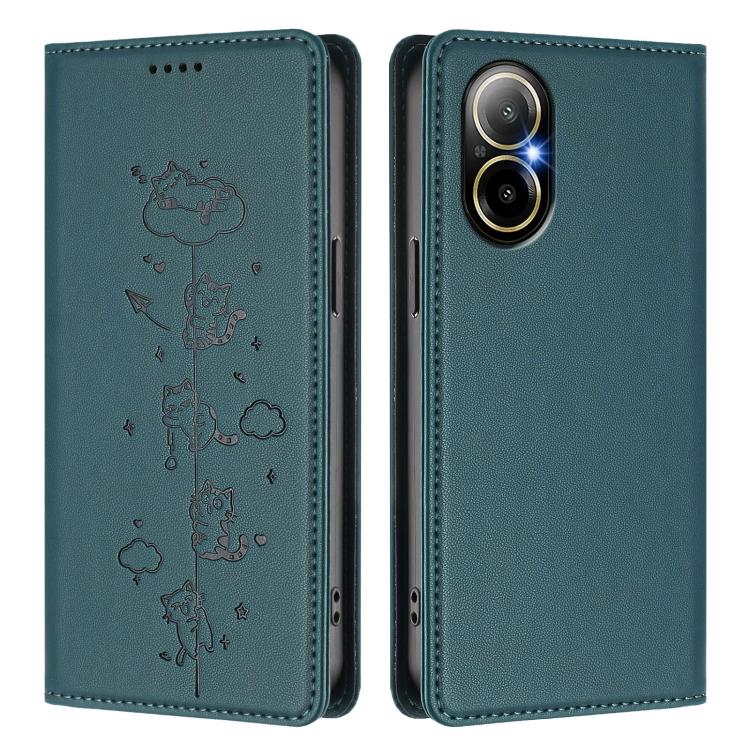 For Realme C67 / 12 Lite 4G Global Cute Cats Embossed Magnetic RFID Vegan Leather Phone Case