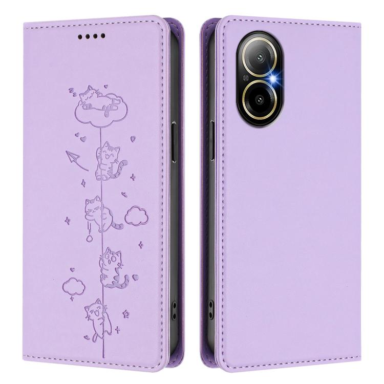 For Realme C67 / 12 Lite 4G Global Cute Cats Embossed Magnetic RFID Vegan Leather Phone Case