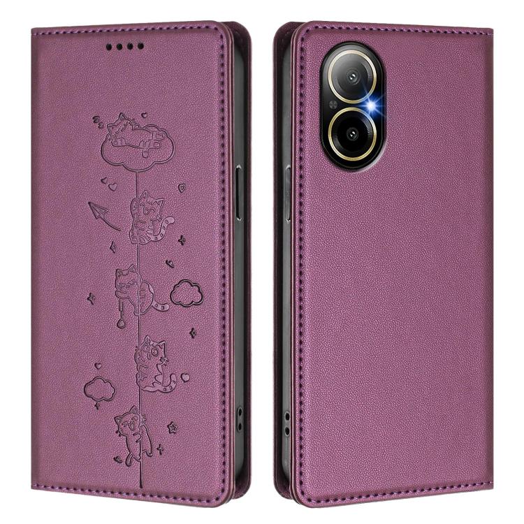 For Realme C67 / 12 Lite 4G Global Cute Cats Embossed Magnetic RFID Vegan Leather Phone Case