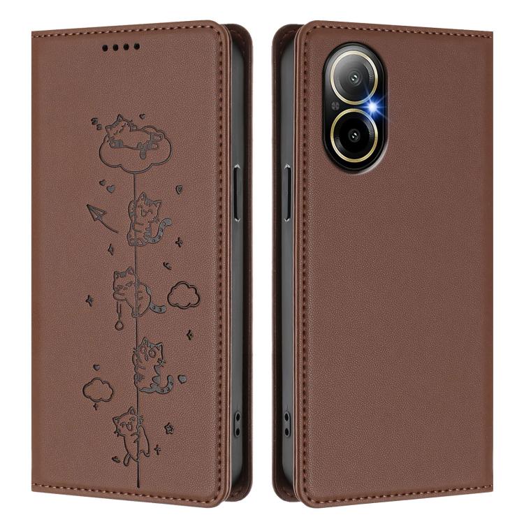 For Realme C67 / 12 Lite 4G Global Cute Cats Embossed Magnetic RFID Vegan Leather Phone Case