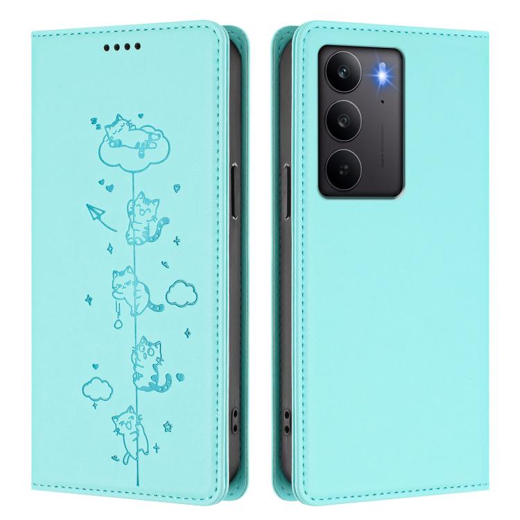 For Realme C75 4G Global / 14x 5G India Cute Cats Embossed Magnetic RFID Vegan Leather Phone Case