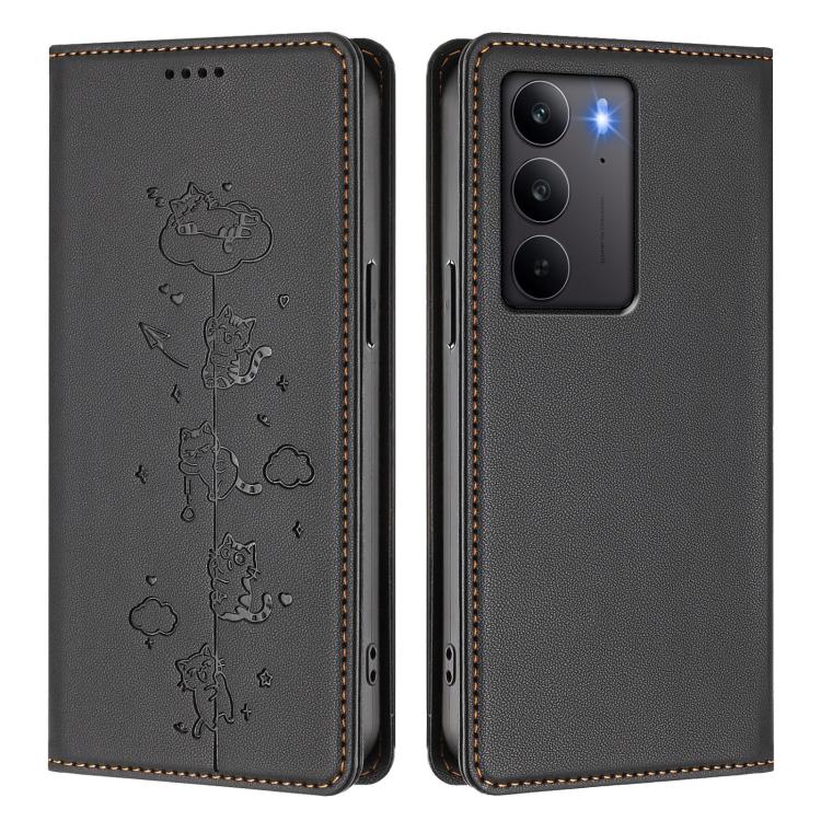 For Realme C75 4G Global / 14x 5G India Cute Cats Embossed Magnetic RFID Vegan Leather Phone Case