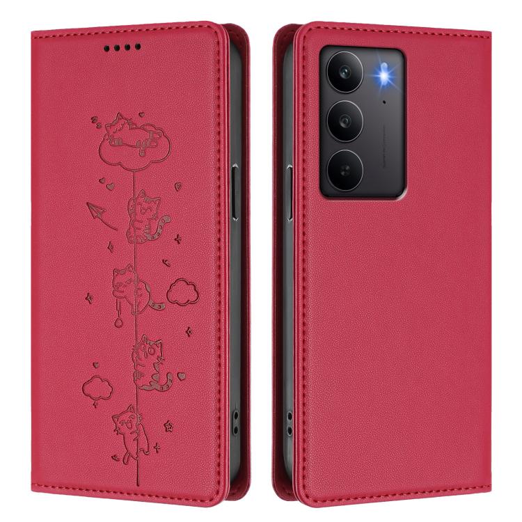 For Realme C75 4G Global / 14x 5G India Cute Cats Embossed Magnetic RFID Vegan Leather Phone Case