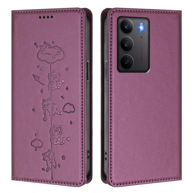For Realme C75 4G Global / 14x 5G India Cute Cats Embossed Magnetic RFID Vegan Leather Phone Case