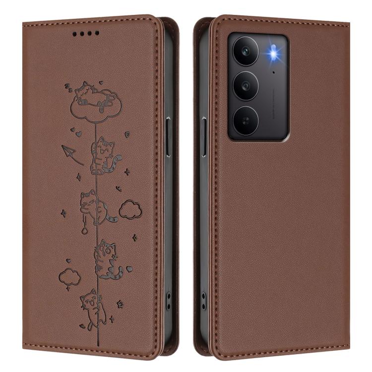 For Realme C75 4G Global / 14x 5G India Cute Cats Embossed Magnetic RFID Vegan Leather Phone Case
